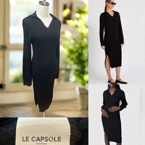 🔥 Le Capsole Black Stockholm Ribbed Collared Jumper Sweater Midi Dress Size XS